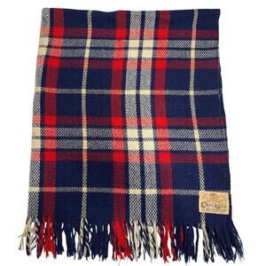 1960s CarlDyke Tartan Wool Stadium Blanket Red Navy Plaid Fringe 51x38